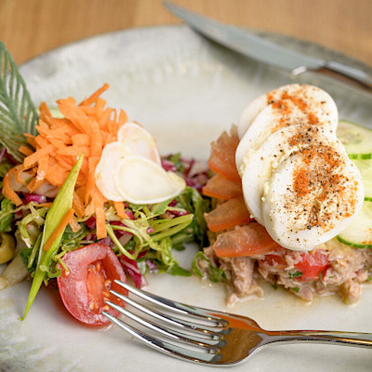 Ein Teller mit einem frischen Salat aus gemischtem Gemüse und einer Portion Thunfisch mit Tomaten, Gurkenscheiben und Scheiben von gekochtem Ei, gewürzt mit Paprika und Pfeffer.